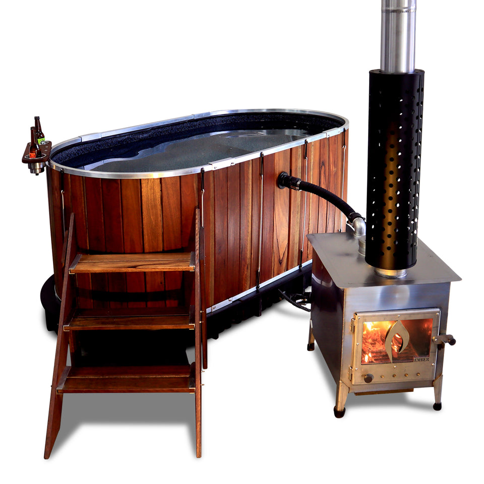 Ember wood-fired hot tub with timber steps and external heater